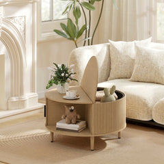 HOMCOM Coffee Table with Lift Top and Hidden Storage, Round Centre Table with Fluted Sliding Door, 80 cm, Natural Wood