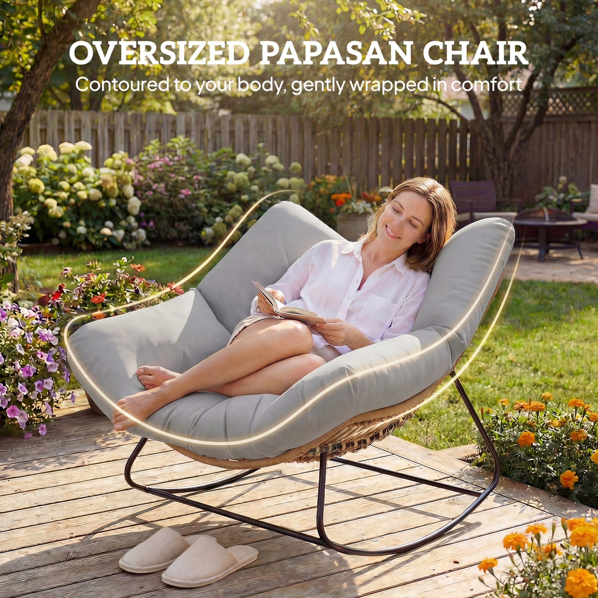 Outsunny Indoor Outdoor Rocking Chair, Oversized Rocking Egg Chair with Cushion for Living Room, Garden, Patio, Light Grey