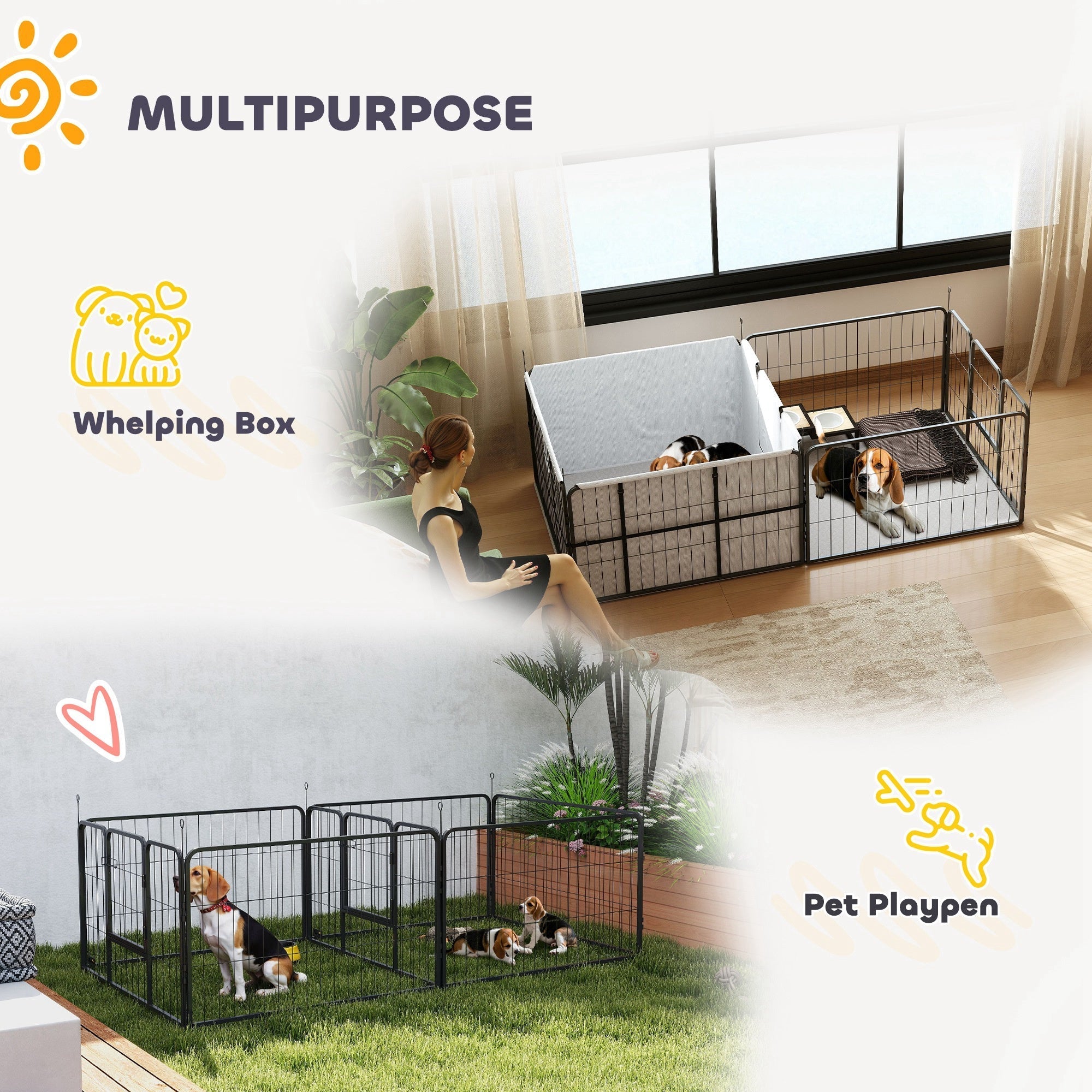 PawHut Seven-Panel Dog Whelping Box, Dog Playpen with Washable Whelping Pads, Wind-Resistant Fabric, for Small and Medium Dogs