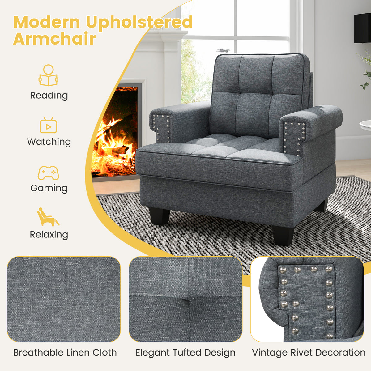 Mid-century Modern Accent Armchair Tufted Linen Club Chair with Extra Pillow-Gray