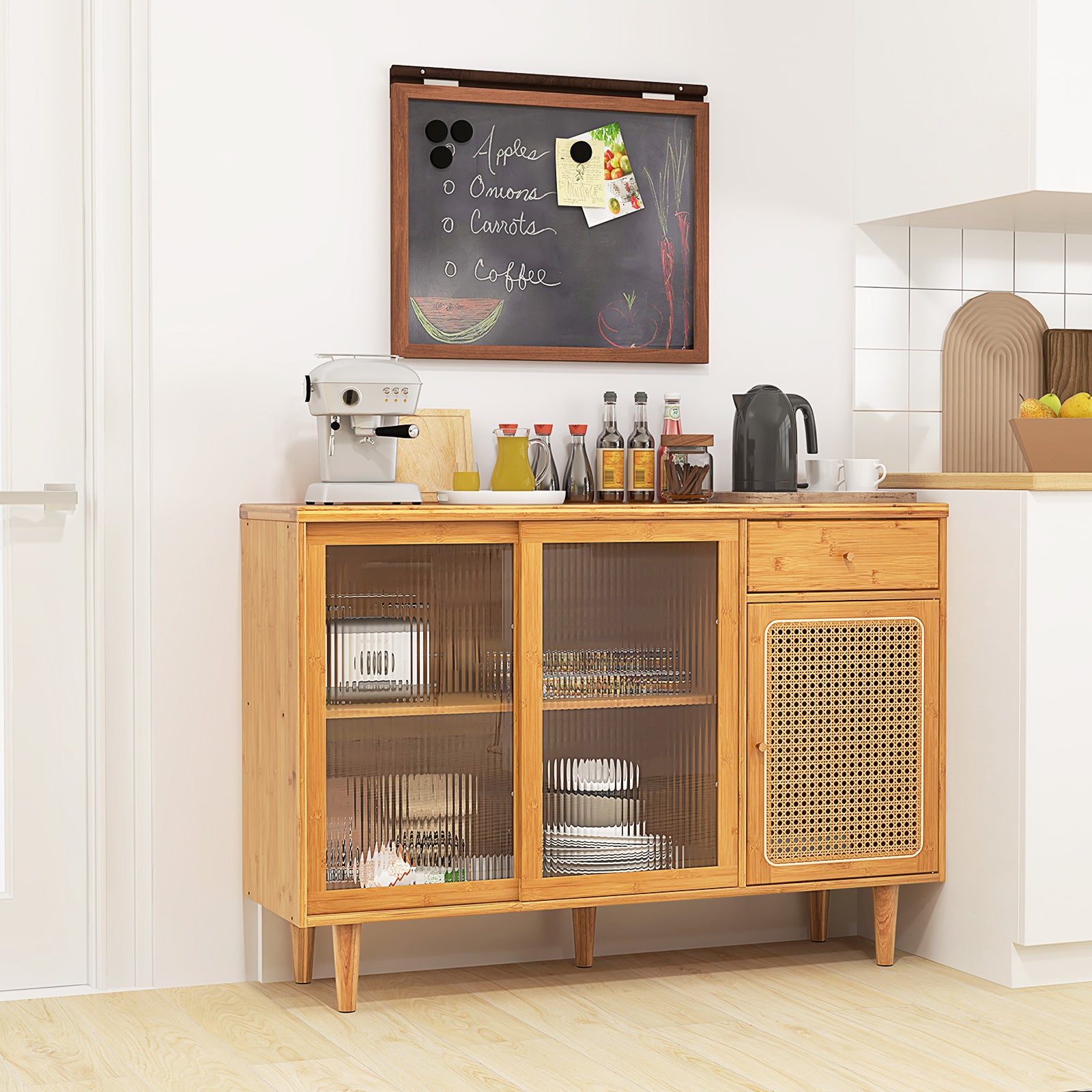 Bamboo Buffet Cabinet with Tempered Glass Sliding Doors and Drawer-Natural