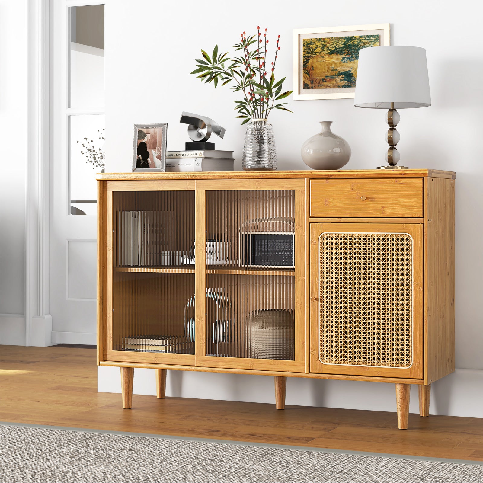Bamboo Buffet Cabinet with Tempered Glass Sliding Doors and Drawer-Natural