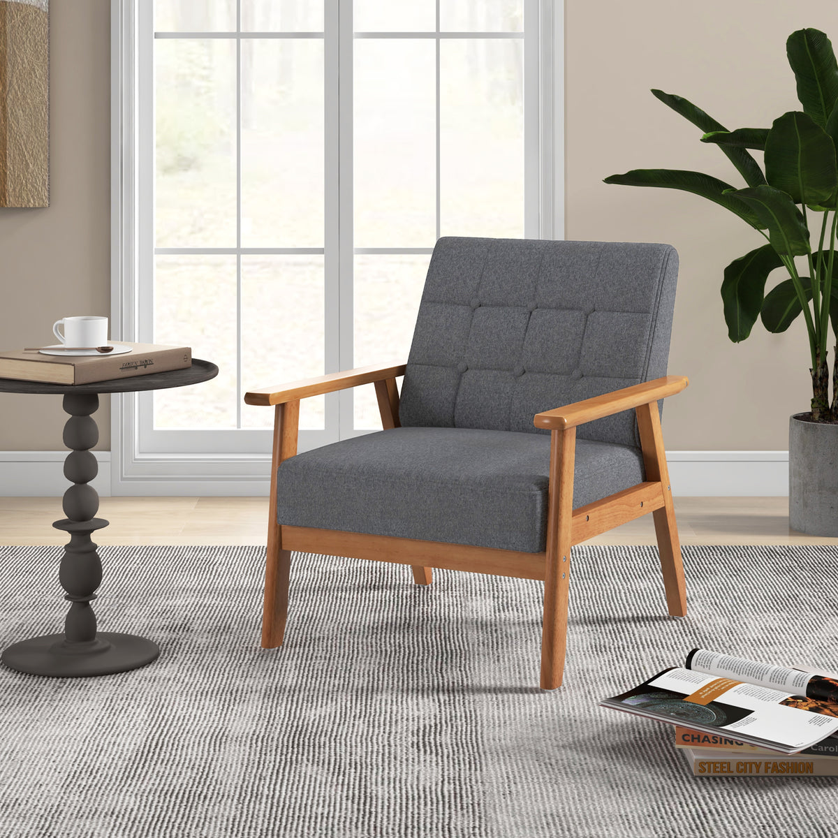 Mid-century Modern Accent Chair with Breathable Linen Cloth-Grey
