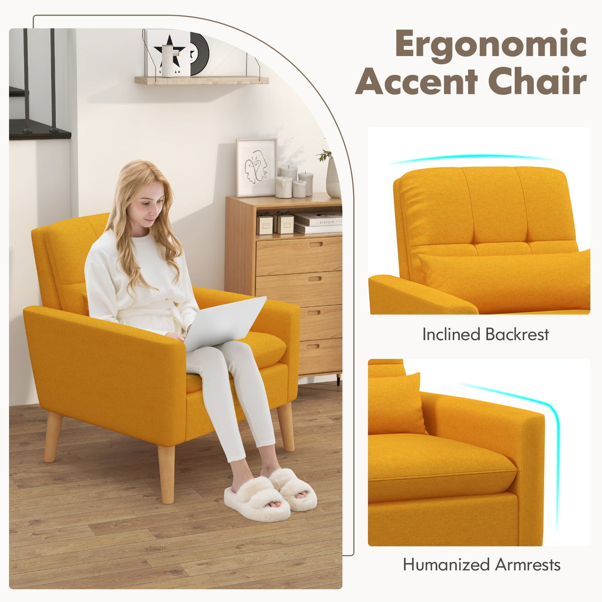 Mid-century Modern Accent Chair with Lumbar Pillow-Yellow