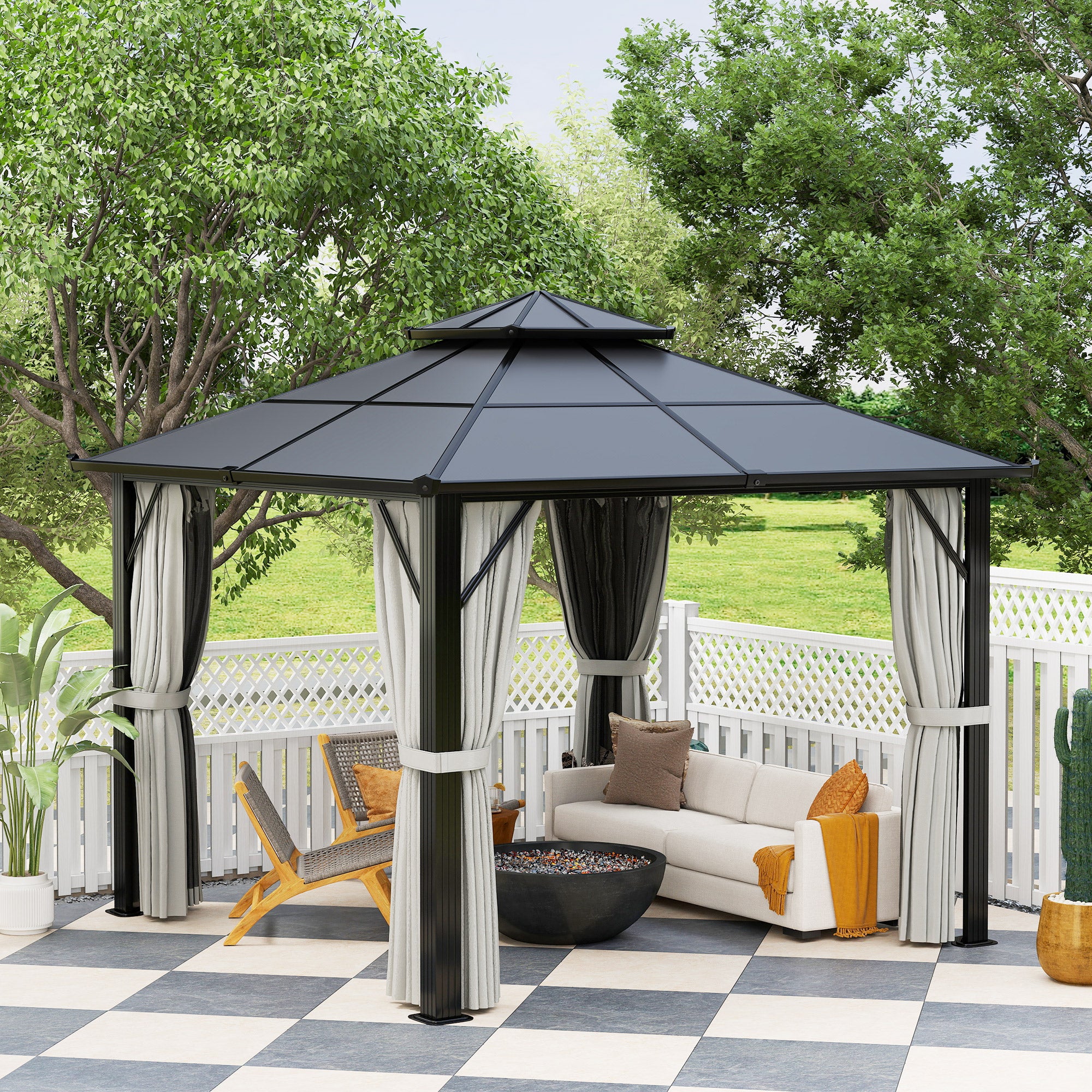 Outsunny 3 x 3(m) Hardtop Gazebo Canopy with UPF30+ Double Polycarbonate Roof, Aluminium Frame Garden Gazebo Permanent Pavilion with Mosquito Netting and Curtains for Patio, Deck, Grey
