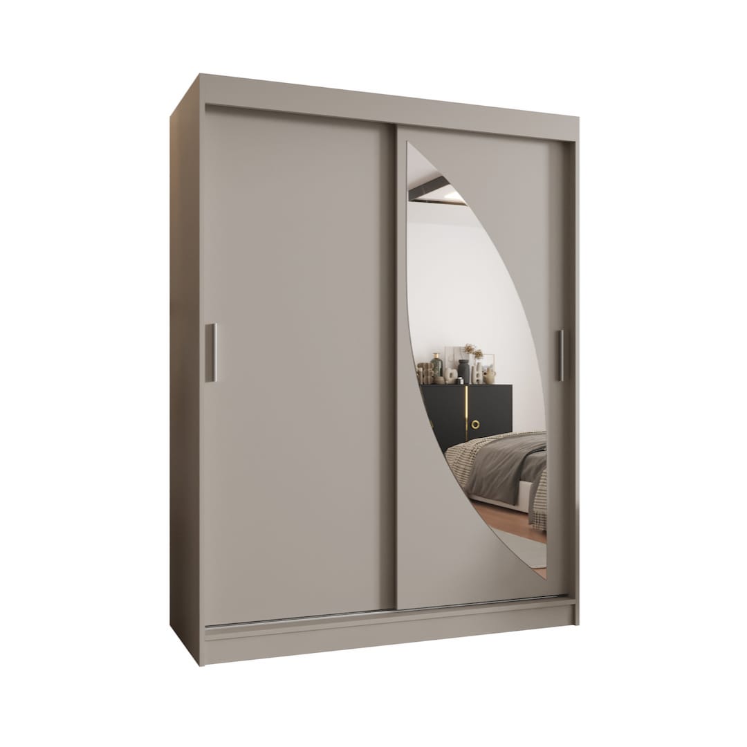 The grey sliding door wardrobe with a curved mirror panel on the right door