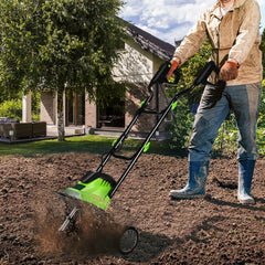 Mini Cultivator with Foldable Handle and Adjustable Wheels-Green