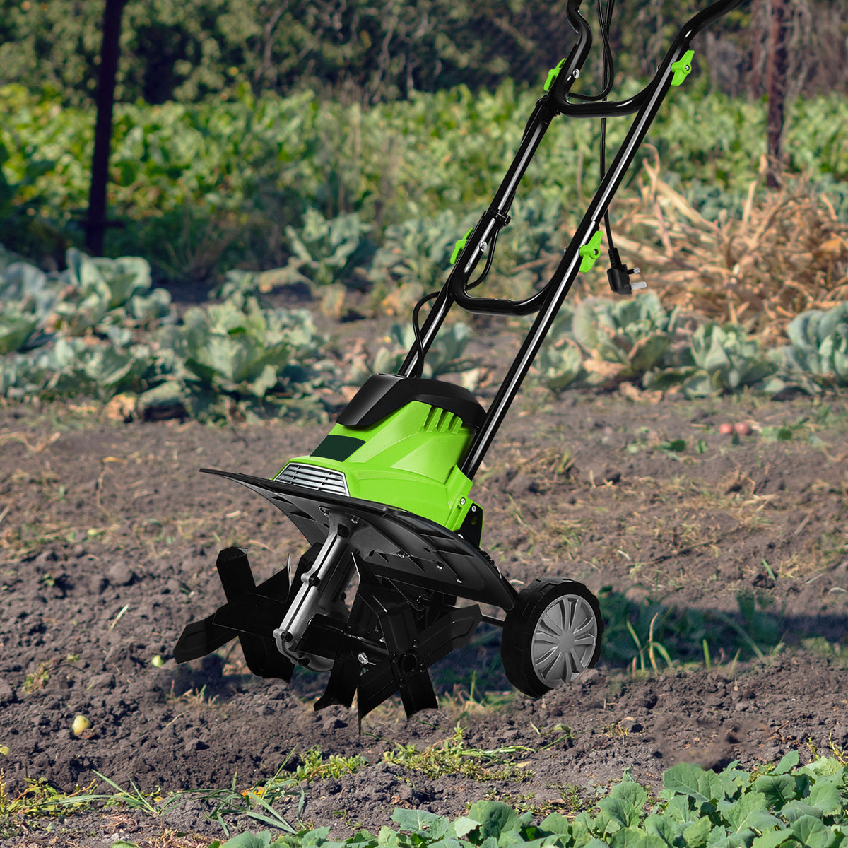 Mini Cultivator with Foldable Handle and Adjustable Wheels-Green