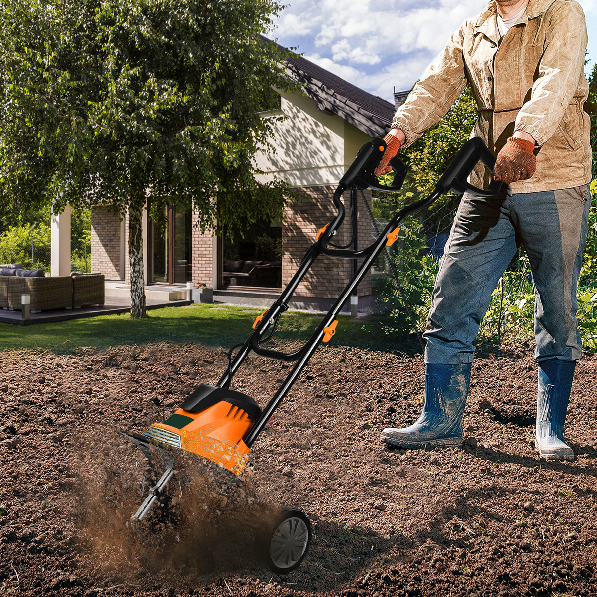 Mini Cultivator with Foldable Handle and Adjustable Wheels-Orange