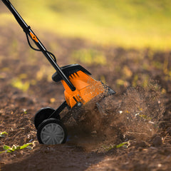Mini Cultivator with Foldable Handle and Adjustable Wheels-Orange