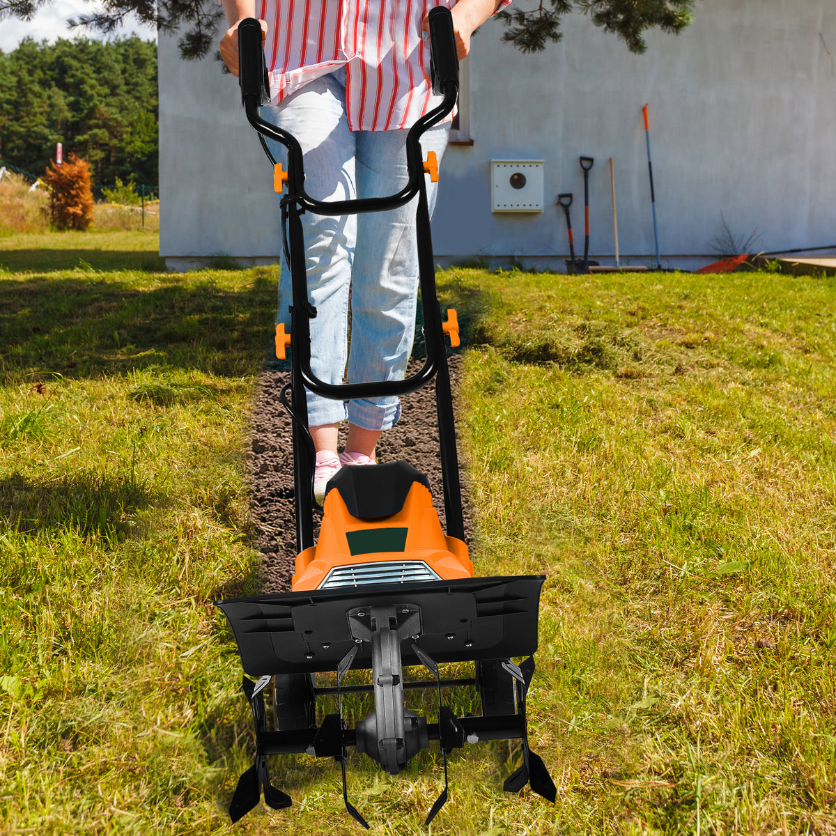 Mini Cultivator with Foldable Handle and Adjustable Wheels-Orange