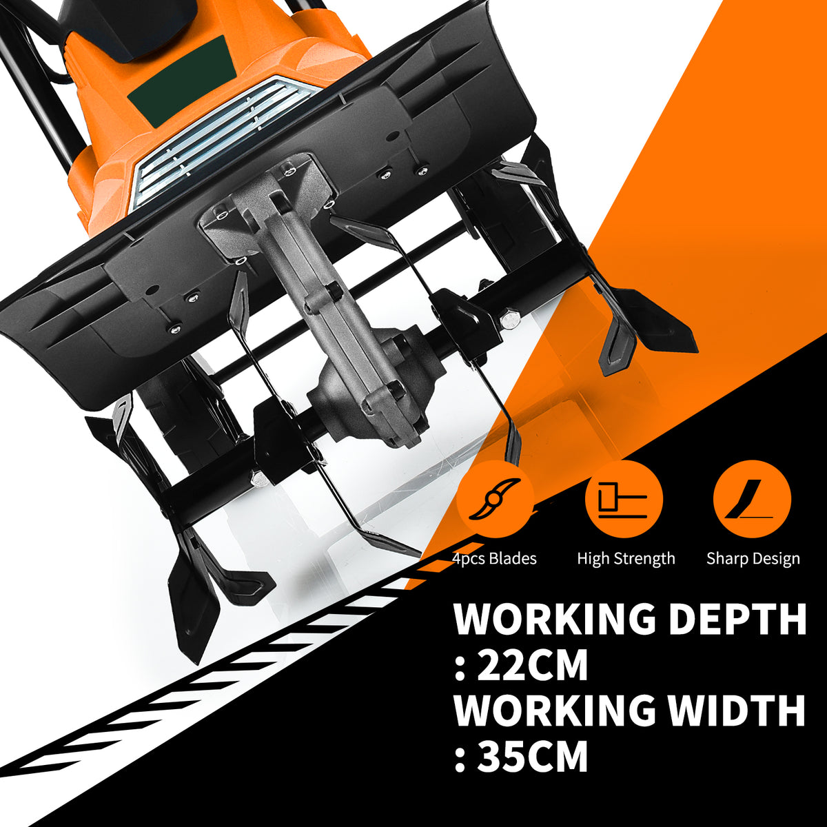 Mini Cultivator with Foldable Handle and Adjustable Wheels-Orange