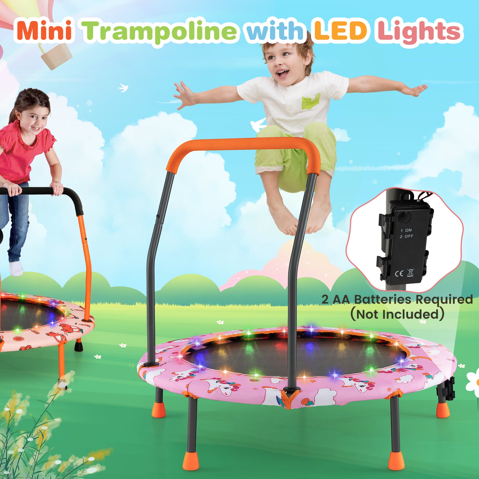 Mini Trampoline for Children with LED Lights and Safety Handle-Pink