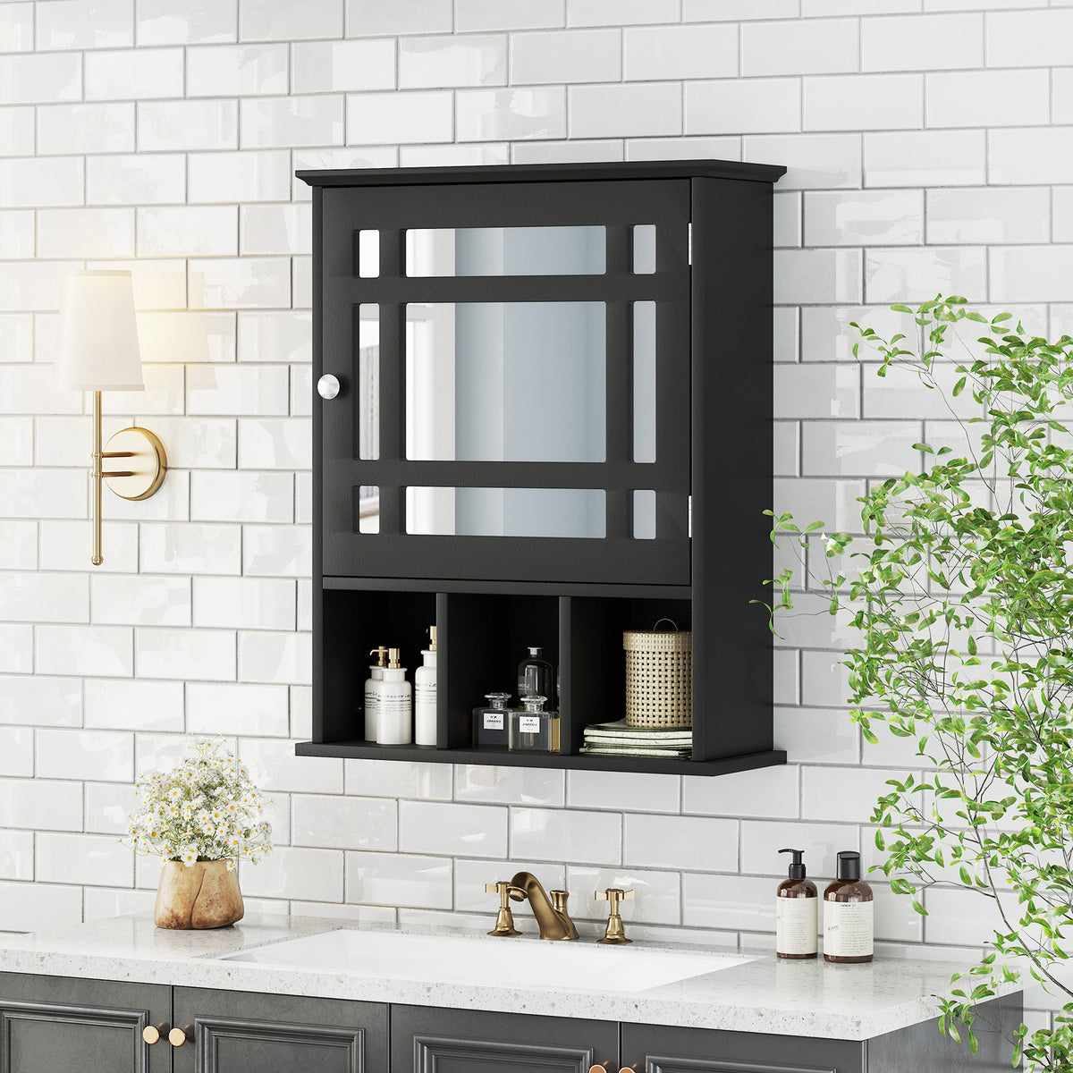 Mirror Door Cabinet with Adjustable Shelf and 3 Compartments-Black