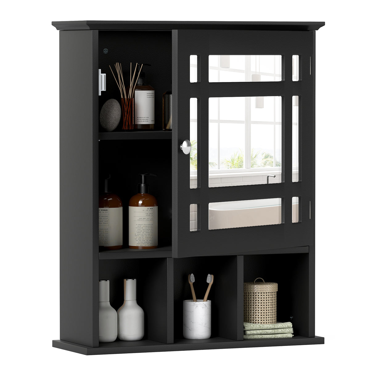 Mirror Door Cabinet with Adjustable Shelf and 3 Compartments-Black