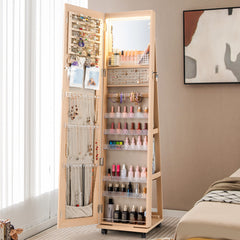 Mirror Standing Jewelry Organizer with Lock 3 Color LED Lights Built-in Vanity Mirror and Universal Wheels-Natural