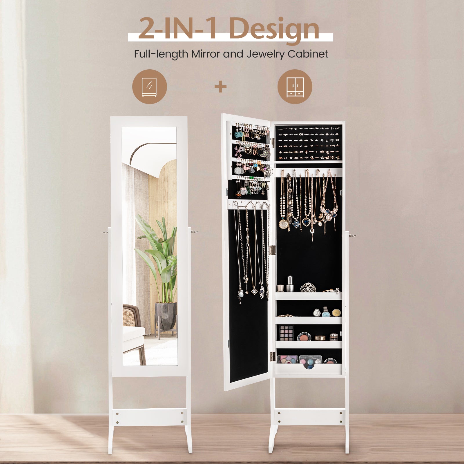 Mirrored Jewelry Armoire with Full-Length Mirror and 3 Tilting Angles-White