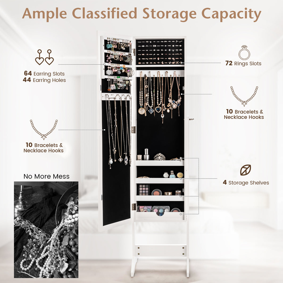 Mirrored Jewelry Armoire with Full-Length Mirror and 3 Tilting Angles-White