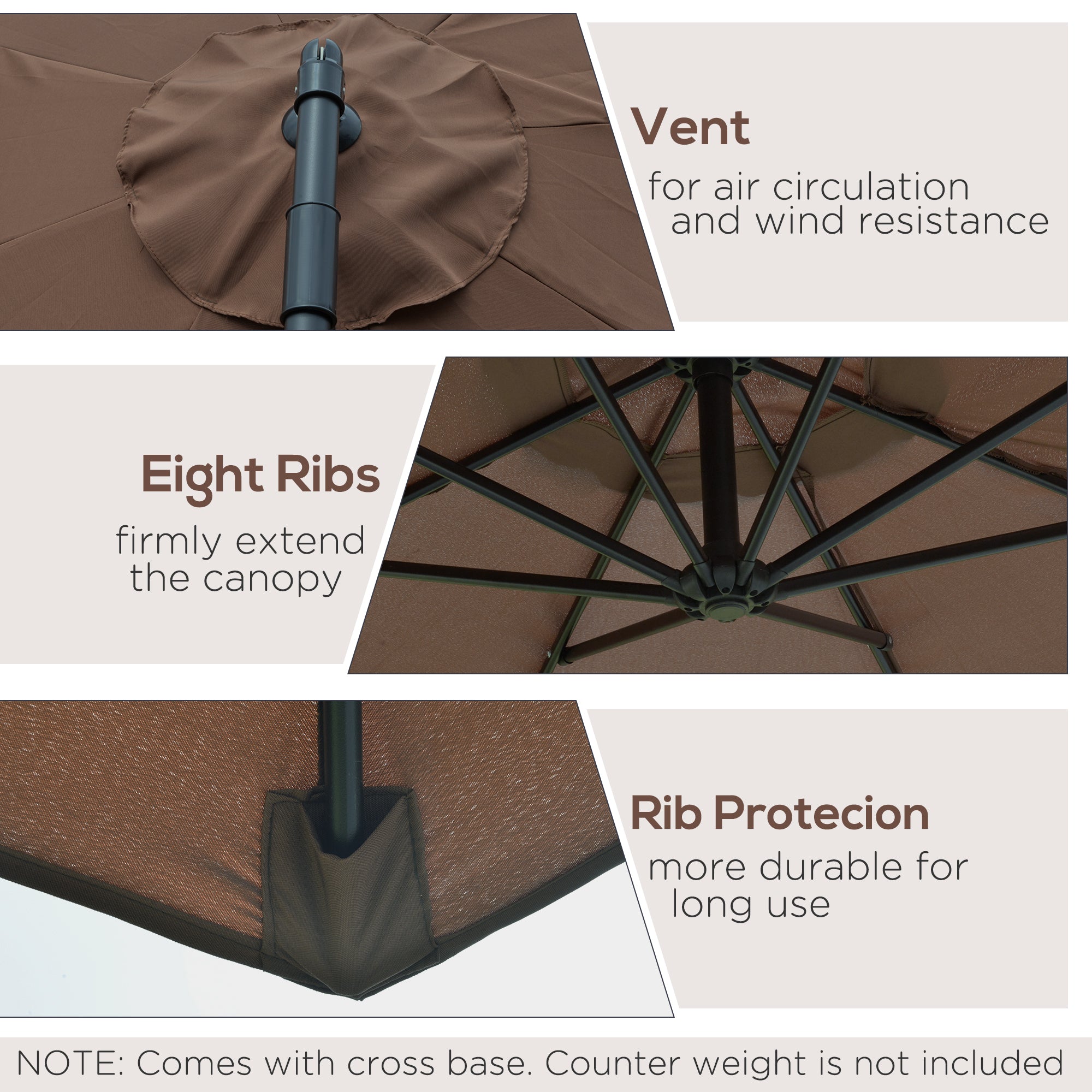 Outsunny 2.45m Overhanging Cantilever Parasol, Heavy Duty Waterproof Garden Umbrella with Cross Base, Brown