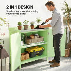 Outsunny Wood Garden Storage Cabinet, Outdoor Tool Shed, Potting Bench Table with galvanised Top and Two Shelves for garden Tools or Pool Accessories, Green