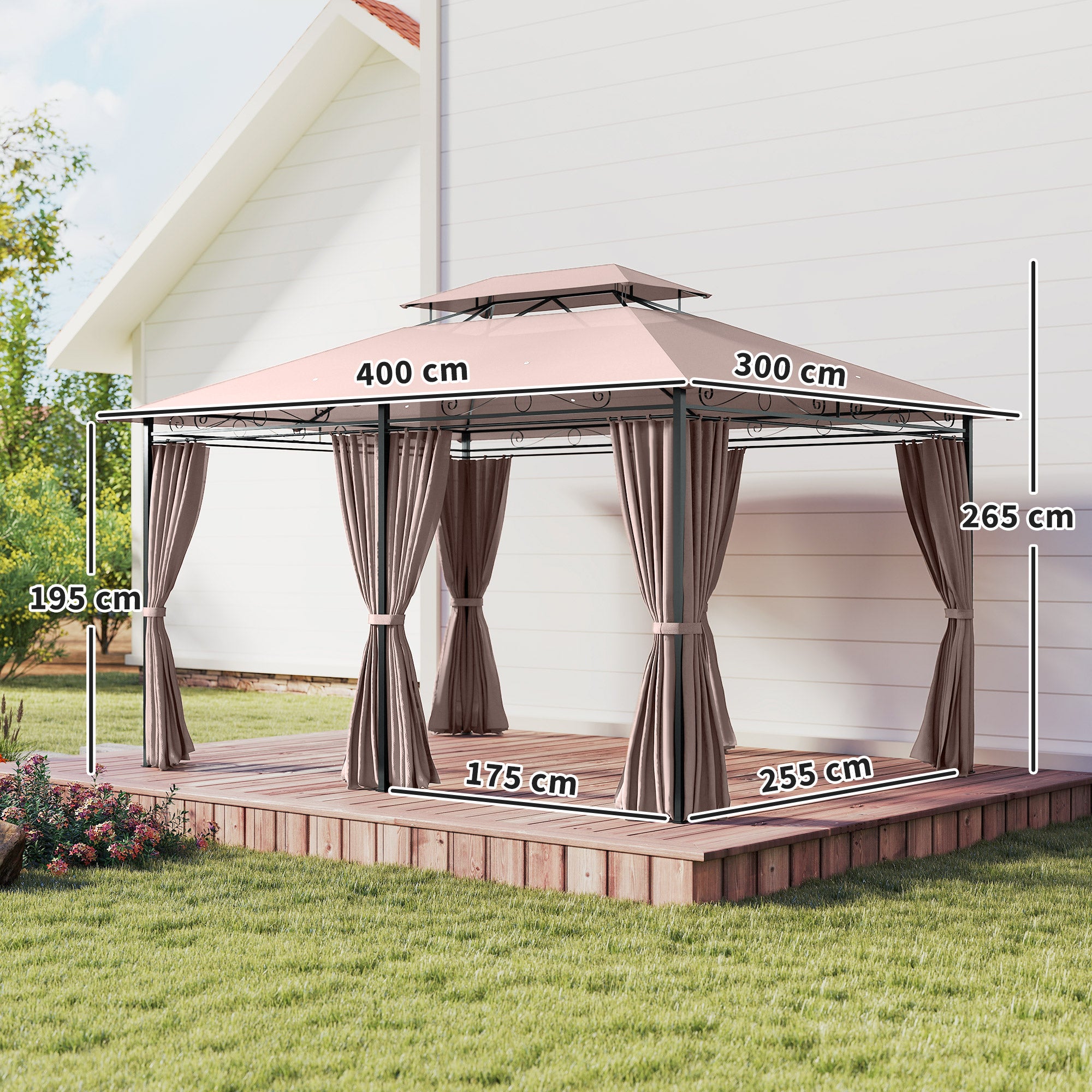 Outsunny 4m x 3(m)Garden Gazebo, Double Roof Outdoor Gazebo Canopy Shelter with Curtains, Solid Steel Frame for Patio, Garden, Brown