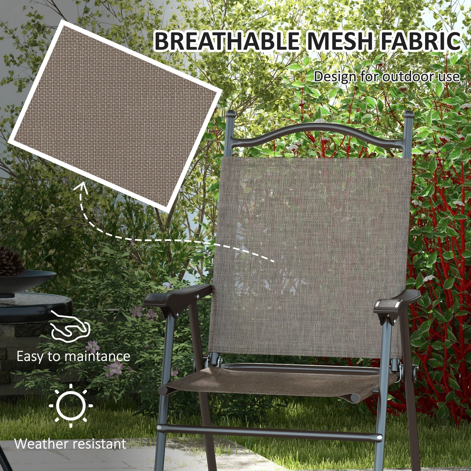 Outsunny Set of Two Folding Garden Chairs, with Fabric Mesh Seats - Mixed Brown