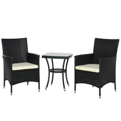 Outsunny 3 Pieces Rattan Bistro Set, Wicker Garden Furniture Set with 2-Tier Coffee Table and Chairs, Cushions, for Outdoor Patio Balcony, Black