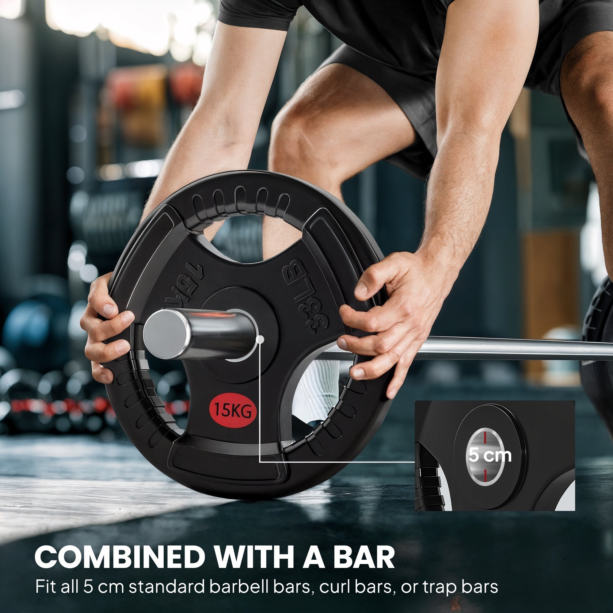 SPORTNOW Olympic Weight Plates, 2"/5cm Weight Disc Pair with Tri-Grips, 2 x 15kg Dumbbell Plates for Weightlifting and Strength Training Home Gym Fitness Workout, Black