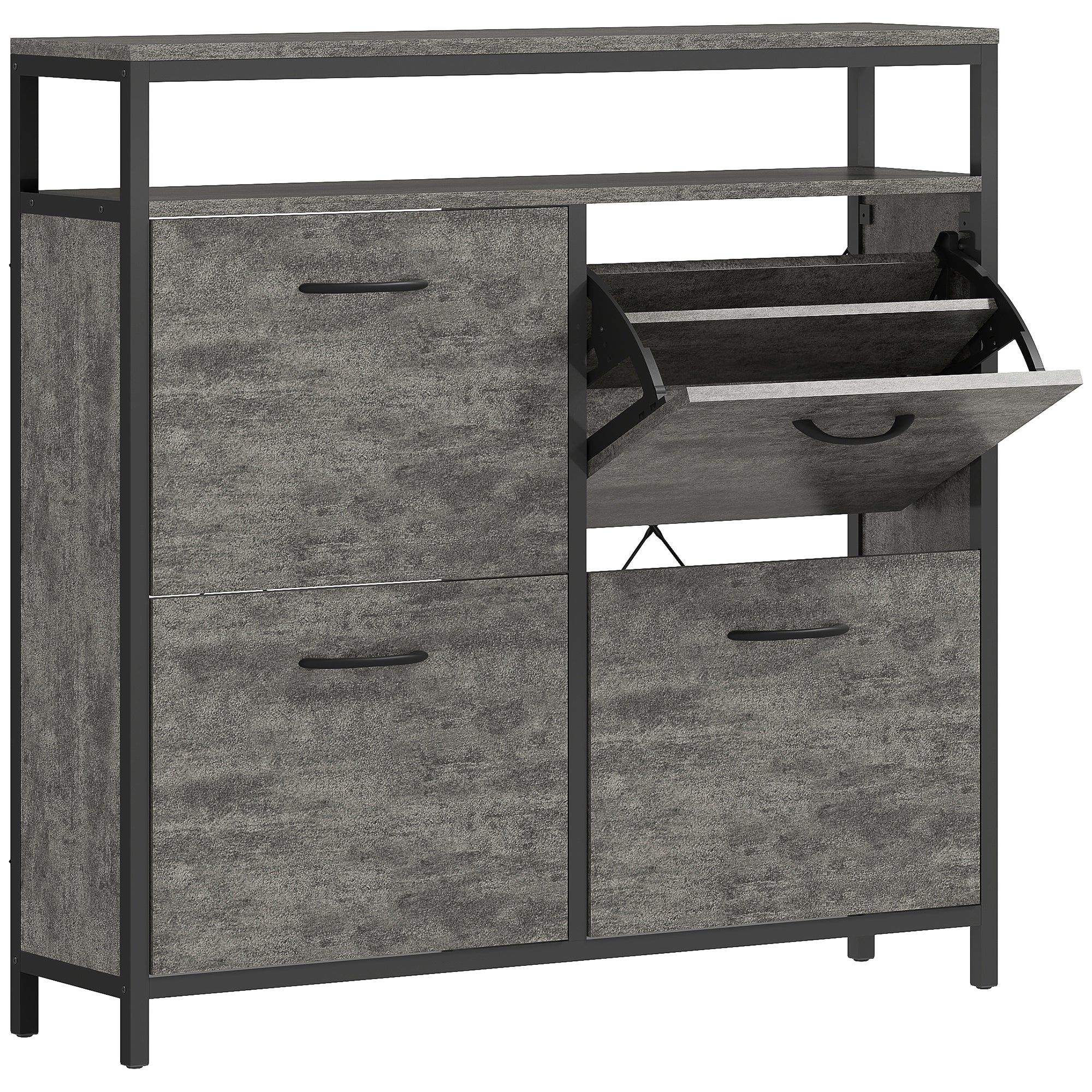 HOMCOM Shoe Storage Cabinet with 4 Flip Drawers and Open Shelf - Cement Grey