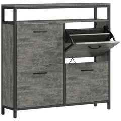 HOMCOM Shoe Storage Cabinet with 4 Flip Drawers and Open Shelf - Cement Grey