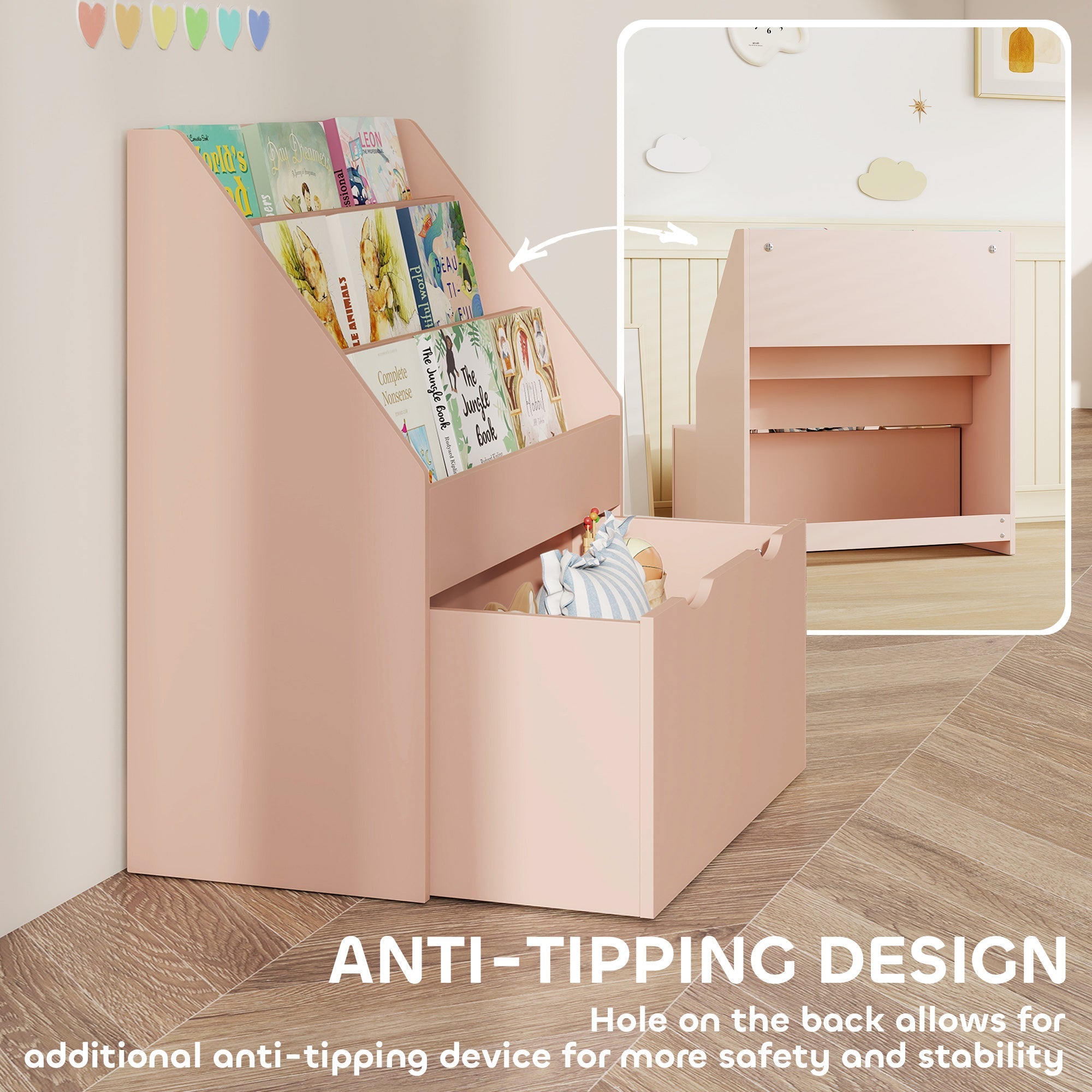 AIYAPLAY Bookcase for Kids with Shelves, Drawer, Bookcase for Bedroom, Playroom, Pink
