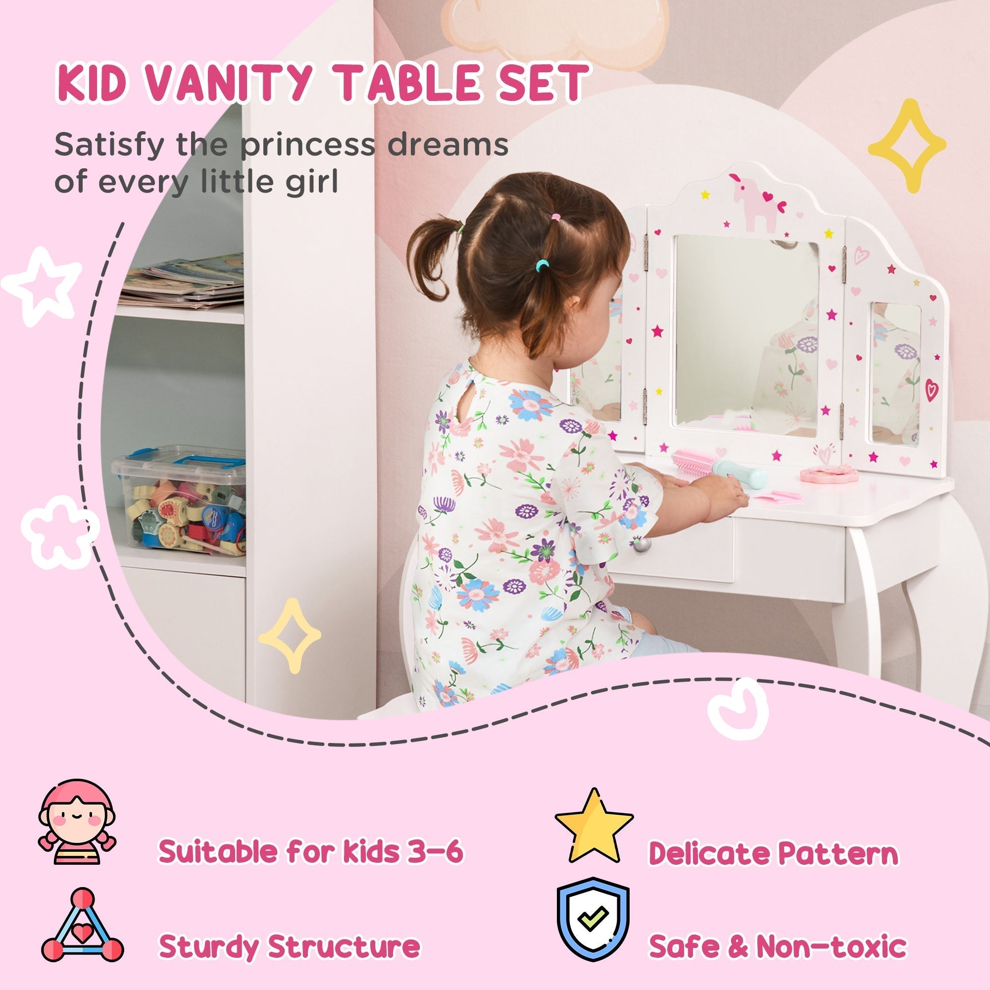 HOMCOM Kids Vanity Table and Chair Set with Tri-Folding Mirror and Stool, Makeup Dressing Table with Drawer, White