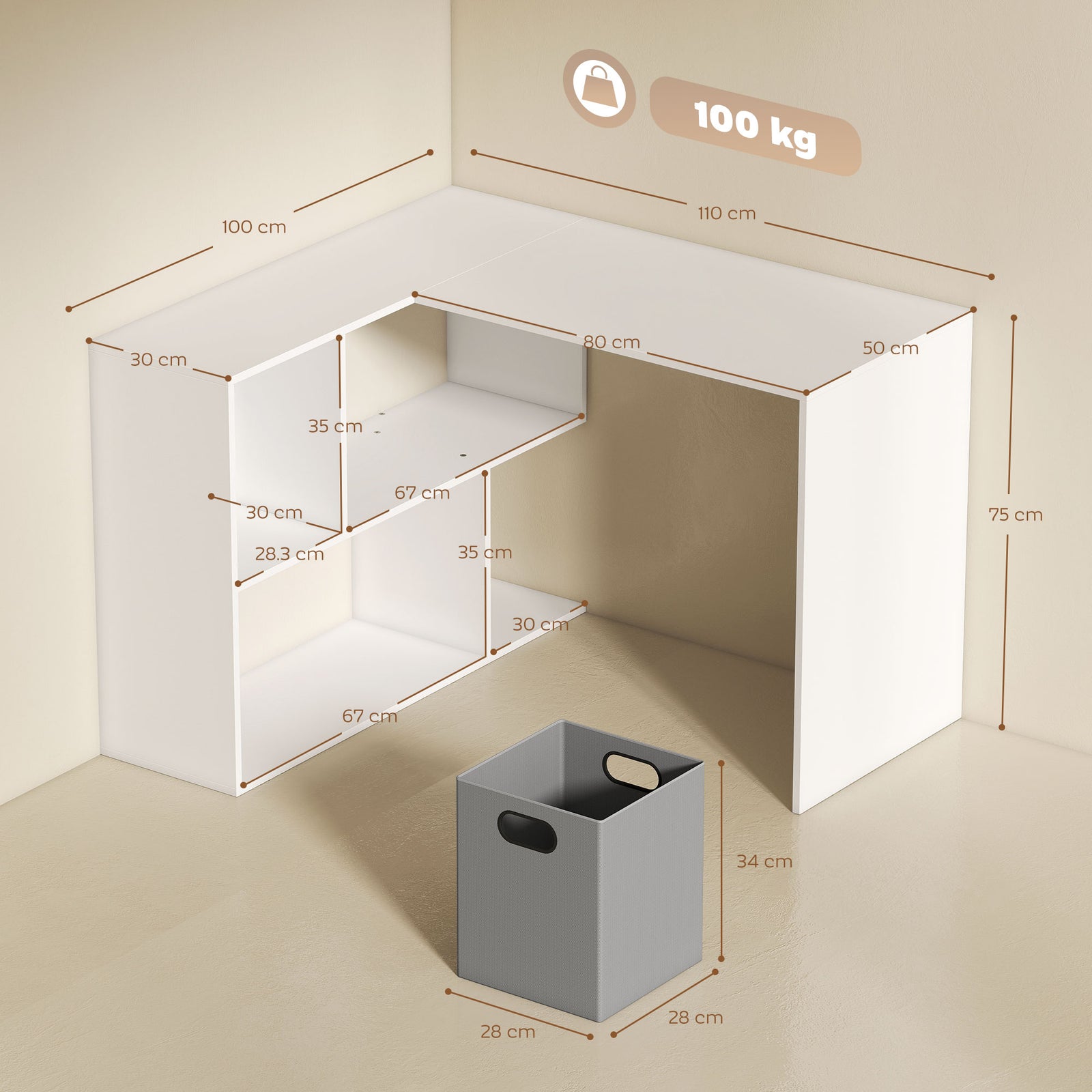 HOMCOM L Shaped Computer Desk, 110 x 100cm Reversible Corner Desk with Fabric Drawer and Storage Shelves, White