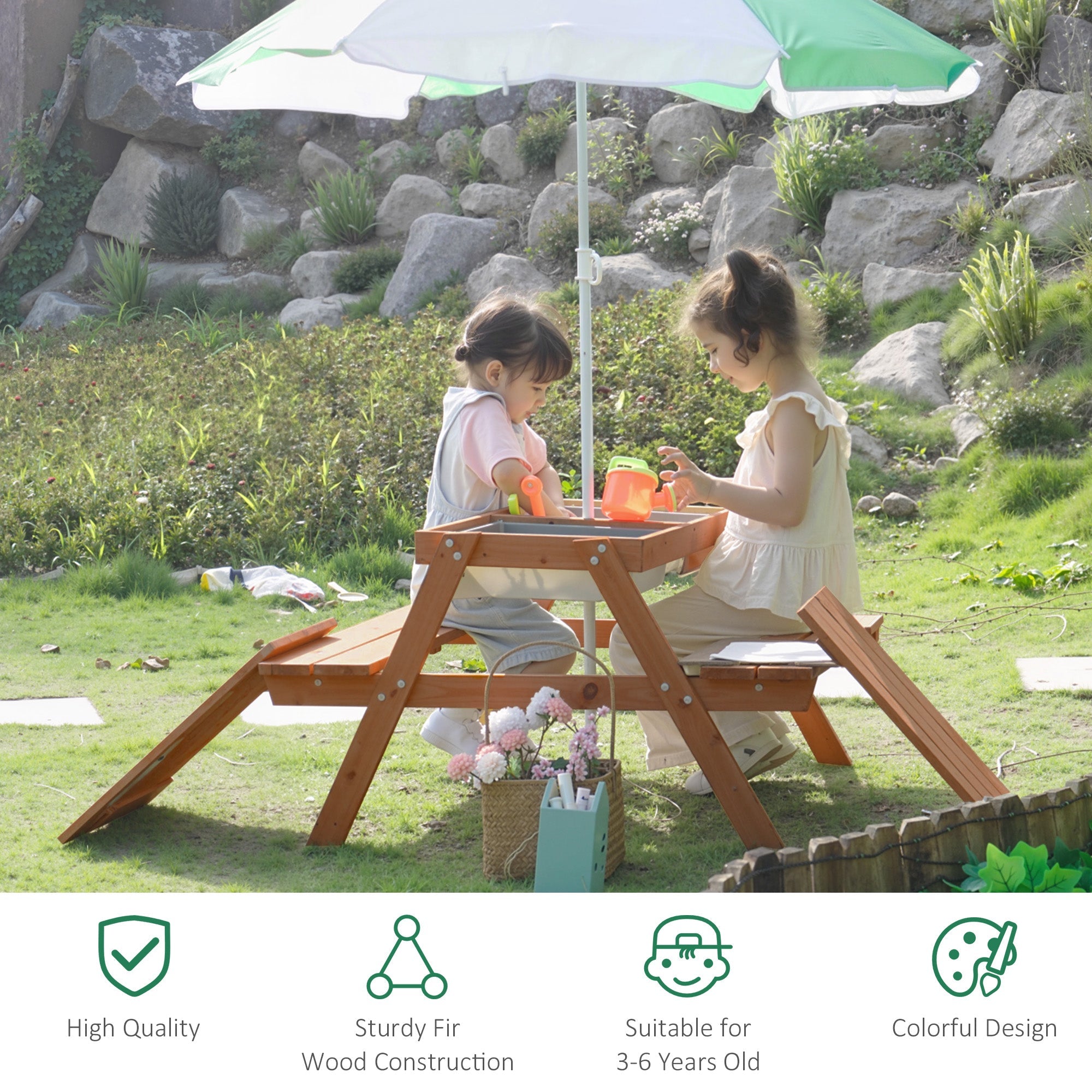 Outsunny Kids Picnic Table with Benches, Wooden Sand and Water Table, Adjustable Parasol, Storage Bins, for Kids 3-6 Years, Brown