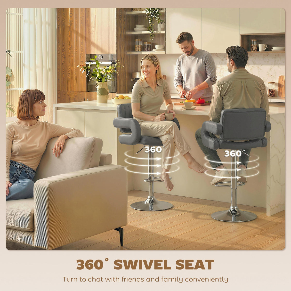 HOMCOM Bar Stools Adjustable Swivel Kitchen Chairs with Backrest Armrest Set of 2 PU Leather Grey