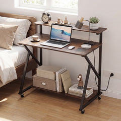 Mobile Computer Desk with Power Outlets Monitor Stand and Storage Shelf-Rustic Brown