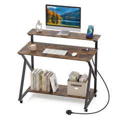 Mobile Computer Desk with Power Outlets Monitor Stand and Storage Shelf-Rustic Brown