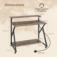 Mobile Computer Desk with Power Outlets Monitor Stand and Storage Shelf-Rustic Brown