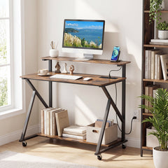 Mobile Computer Desk with Power Outlets Monitor Stand and Storage Shelf-Rustic Brown