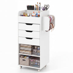 Mobile Rolling Storage Cart with 3 Drawers 2 Shelves and 2 Dowel Rods-White
