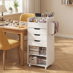 Mobile Rolling Storage Cart with 3 Drawers 2 Shelves and 2 Dowel Rods-White