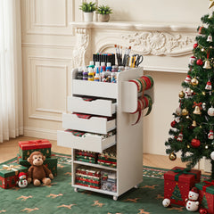 Mobile Rolling Storage Cart with 3 Drawers 2 Shelves and 2 Dowel Rods-White
