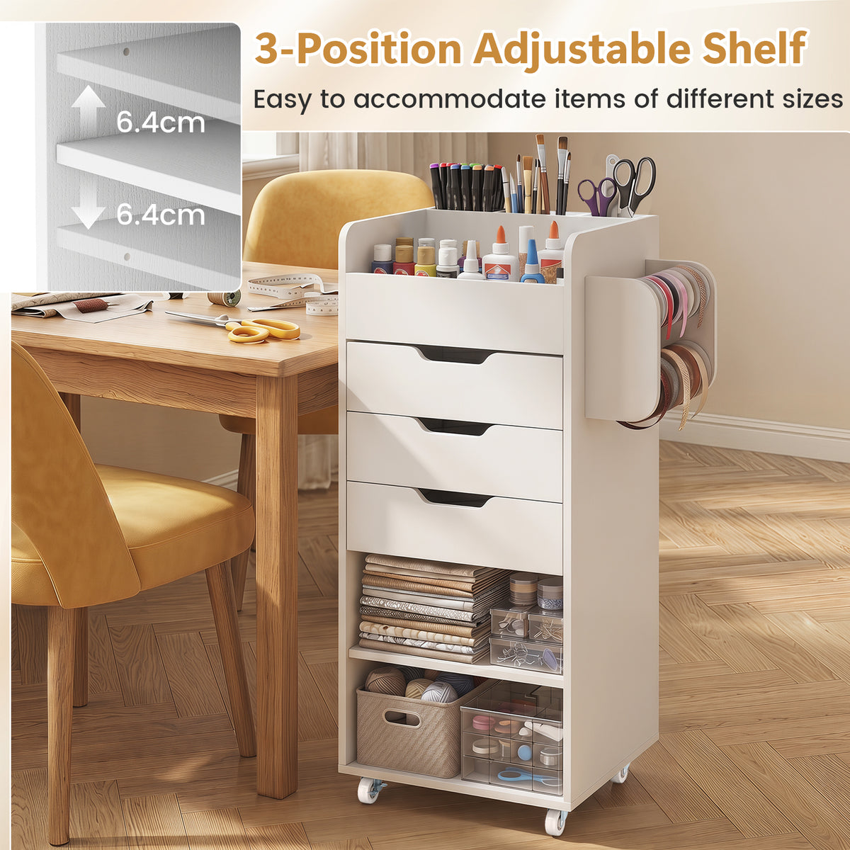 Mobile Rolling Storage Cart with 3 Drawers 2 Shelves and 2 Dowel Rods-White