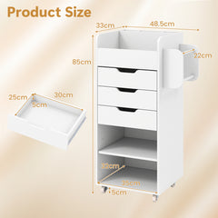 Mobile Rolling Storage Cart with 3 Drawers 2 Shelves and 2 Dowel Rods-White
