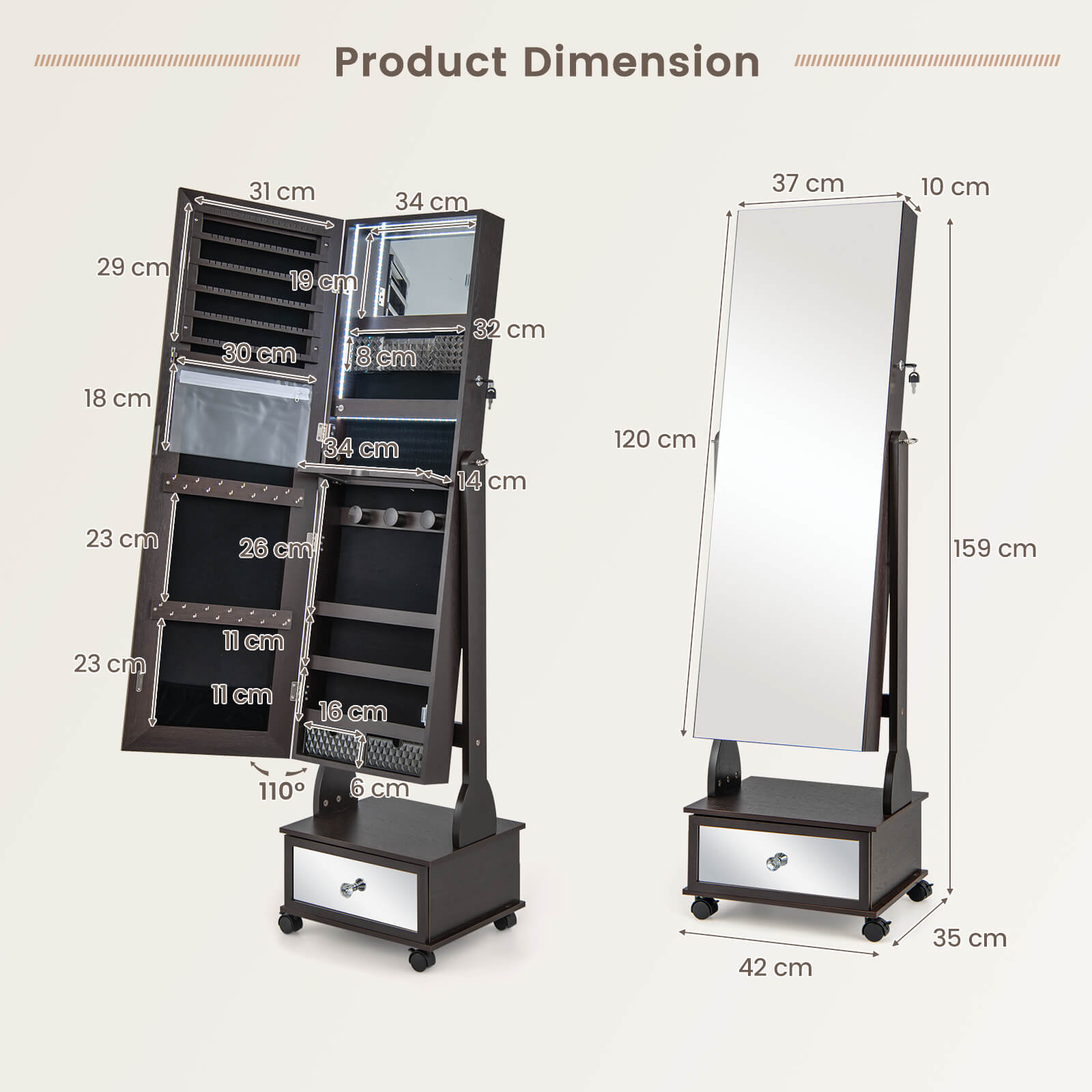 Standing Jewelry Armoire with Full-Length Mirror LED Lights and Drawers-Brown