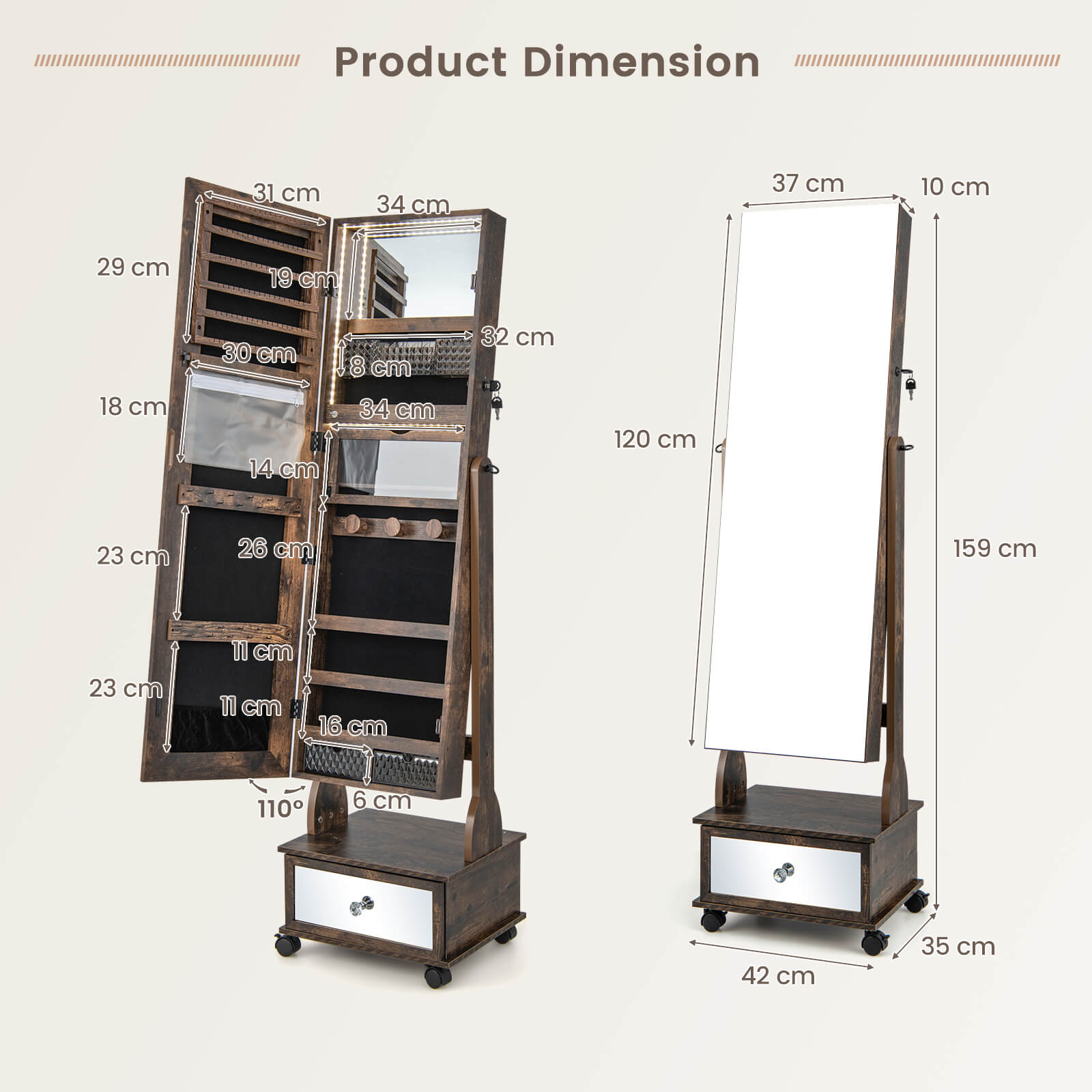 Standing Jewelry Armoire with Full-Length Mirror LED Lights and Drawers-Coffee