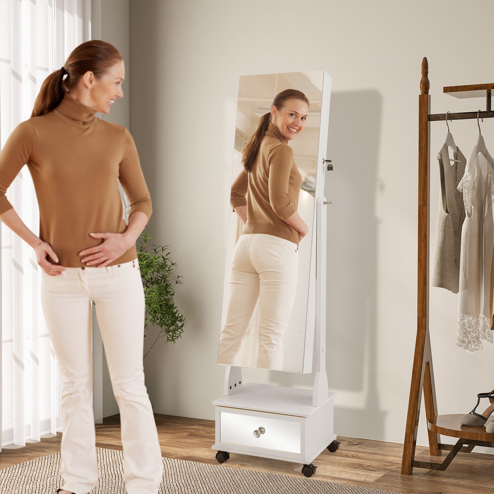 Standing Jewelry Armoire with Full-Length Mirror LED Lights and Drawers-White