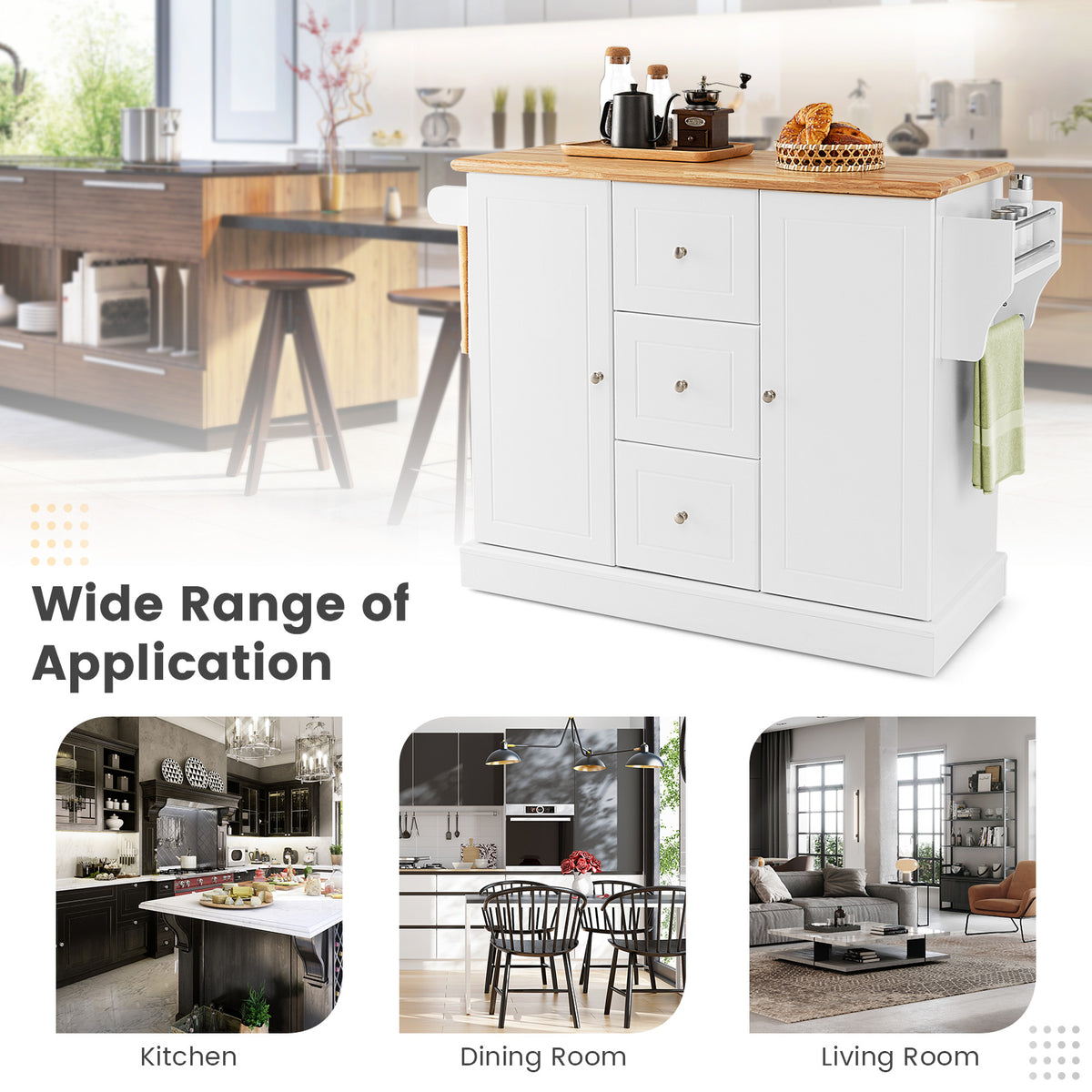 Large Mobile Kitchen Island Cart with Adjustable Shelves-White