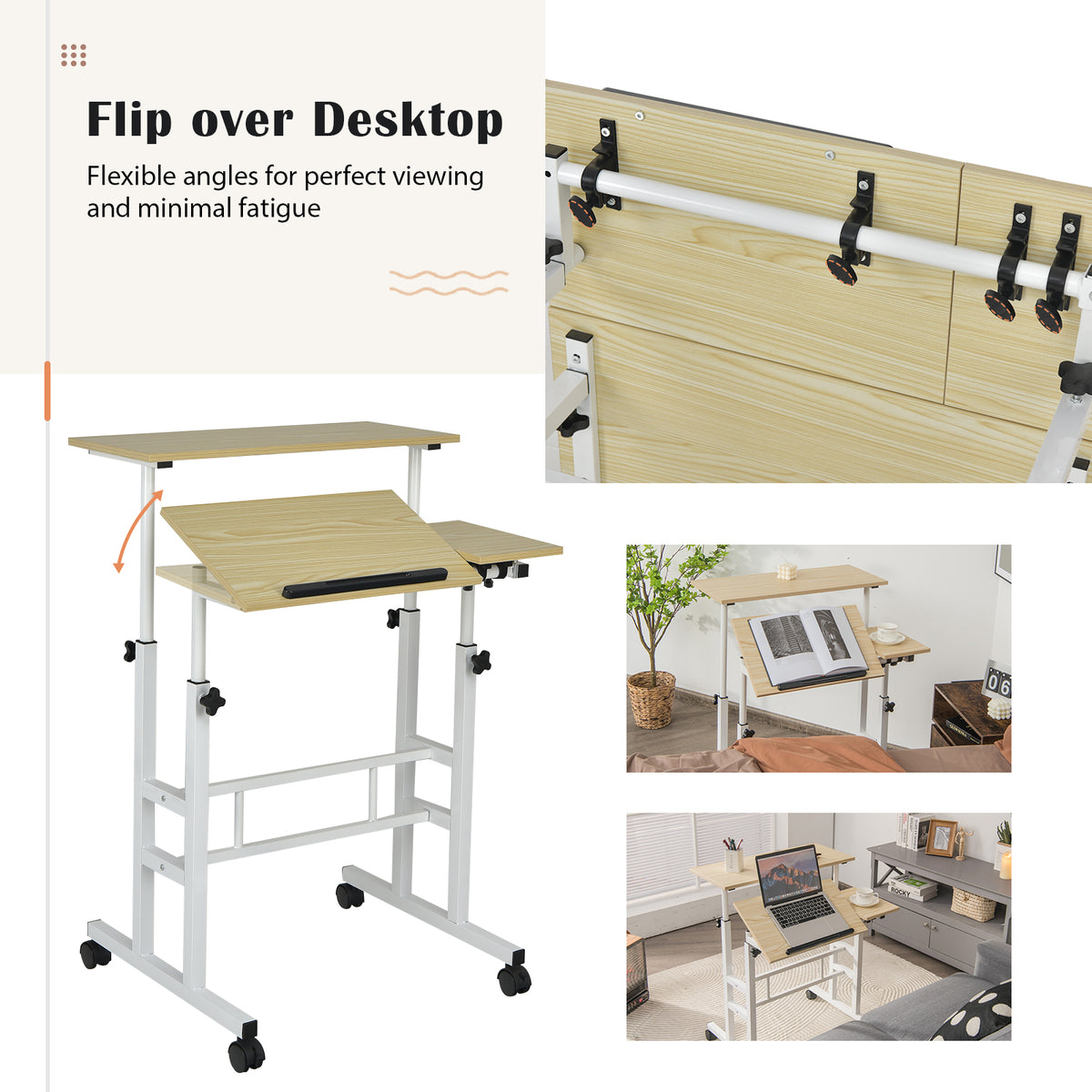 Height Adjustable Workstation with Wheels for Standing or Sitting-Natural
