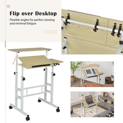 Height Adjustable Workstation with Wheels for Standing or Sitting-Natural